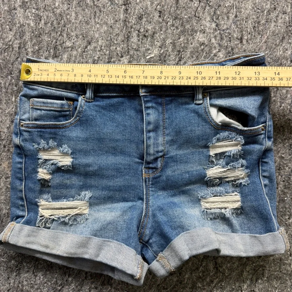 Wax Jean Distressed Denim Shorts Medium Wash High Rise Cuffed Size M 90233